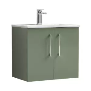 Image of Arno Satin Green 600mm Wall Hung 2 Door Vanity Unit with 18mm Profile Basin - ARN823B - Satin Green - Nuie