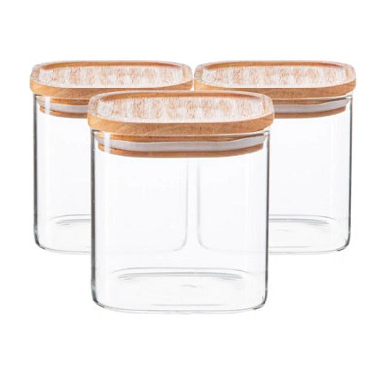 Image of Argon Tableware Square Glass Storage Jars with Wooden Lids 680ml Pack of 3 Clear