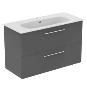 Image of Ideal Standard I.life A 100Cm Matt Quartz Grey Wall Hung Vanity Unit, 104Cm White Vanity Basin And Chrome Handle Pack