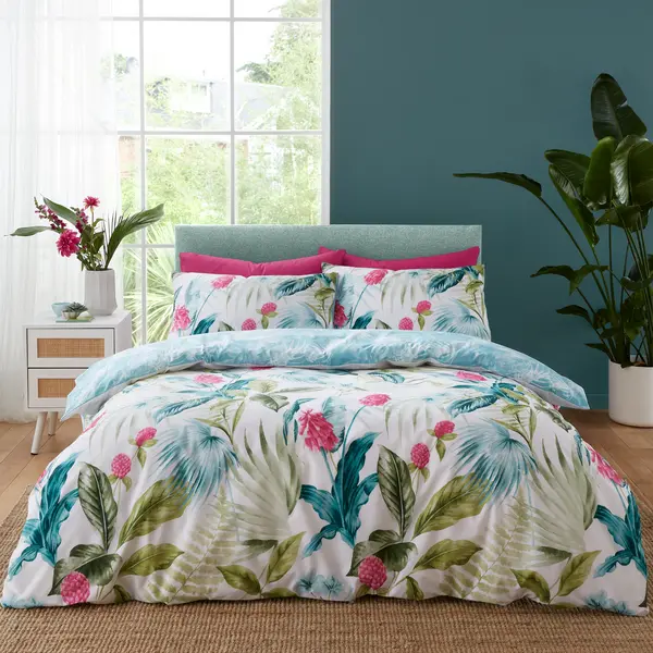 Image of Catherine Lansfield Aruba Tropical Floral Green Duvet Cover and Pillowcase Set Green