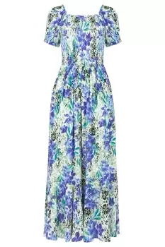 Image of Leopard Floral Puff Sleeve Tiered Skirt Maxi Dress