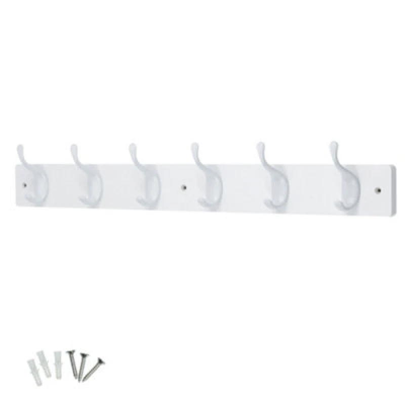 Image of Keypak 6 White Coat Hooks On White Wooden Board - 68Cm Modern Wall Mounted Coat Rack Clothes Hanger