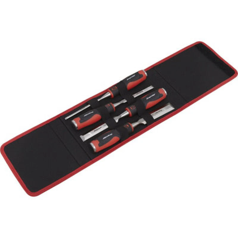 Image of Loops 4 Piece Hammer-Thru Wood Chisel Set - Bevel Edged Blades - Storage Pouch Metallics