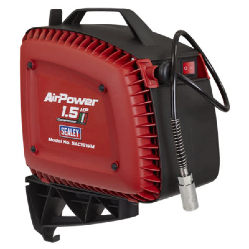 Image of Sealey SAC15WM Wall Mounting Oil Free Air Compressor 1.5hp with 7m Retractable Hose Reel - Sealey SEAL_SAC15WM