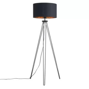 Image of Aero Hairpin Black Tripod Floor Lamp with XL Black and Gold Reni Shade