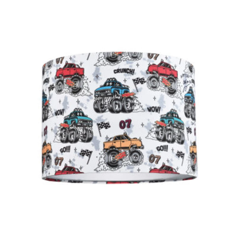 Image of Happy Homewares Modern And Colourful Monster Trucks Kids Cotton Fabric Drum Lamp Shade - 25Cm