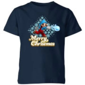 Image of Nintendo Super Mario Mario Merry Christmas Snowball Kid's T-Shirt - Navy - 3-4 Years - Navy