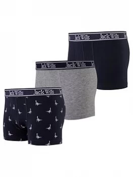 Image of Jack Wills Boys 3 Pack Print Boxers - Navy, Size Age: 8-9 Years