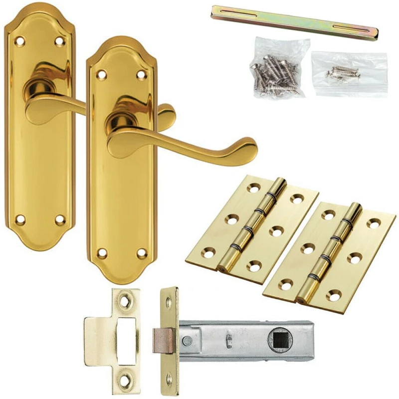 Image of Loops Door Handle & Latch Pack Brass Victorian Upturn Lever Turn Ornate Backplate Metallics