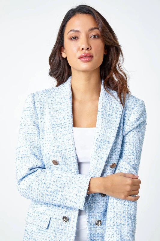 Image of Roman Textured Check Boucle Blazer Jacket Light Blue