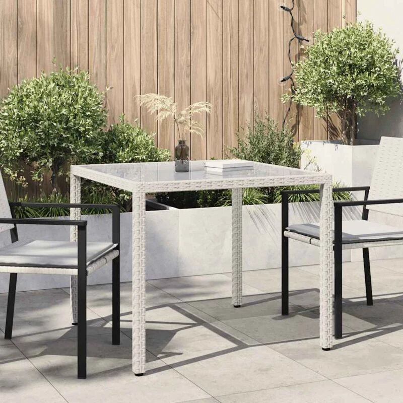 Image of VIDAXL Garden Table 90x90x75cm Tempered Glass and Poly Rattan White Vidaxl 8720286666388