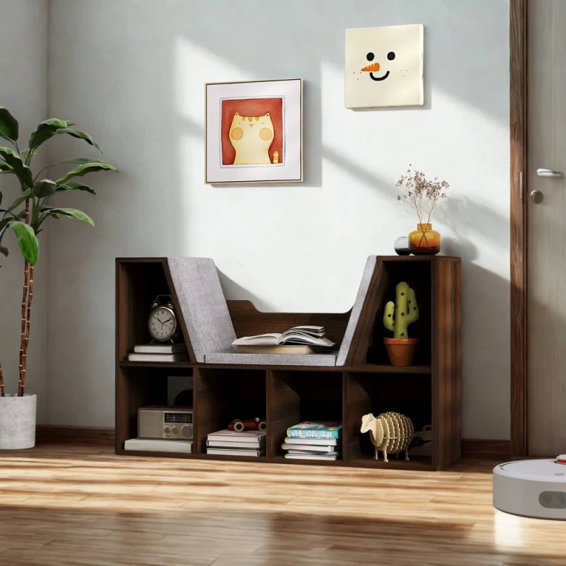 Image of FURNOS Modern Bookcase Storage Cabinet With Reading Seat Chestnut in Brown Brown Unisex