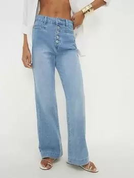 Image of Dorothy Perkins Wide Leg Button Jeans - Light Wash, Blue, Size 12, Women