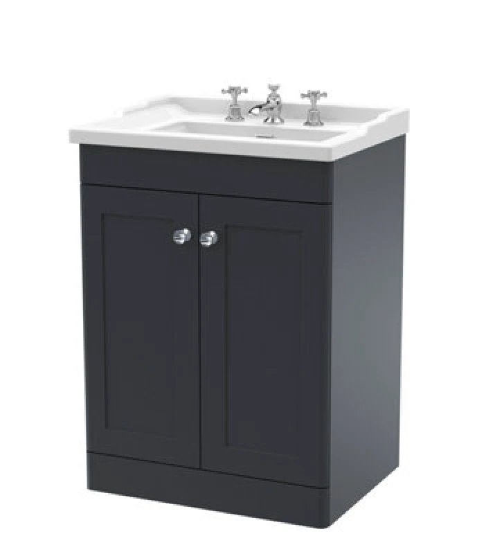 Image of NUIE Classique Floor Standing 2-Door Vanity Unit with Traditional Basin 600mm Wide Satin Anthracite - 3 Tap Hole - Nuie CLC1425G