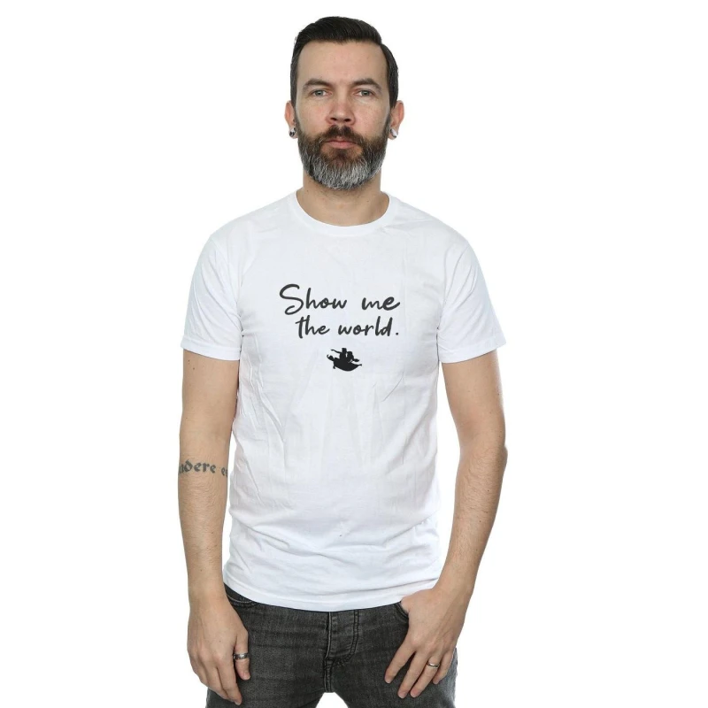 Image of Disney Men Aladdin Show Me The World T-Shirt in White Size: Small White S Male 5059276149109