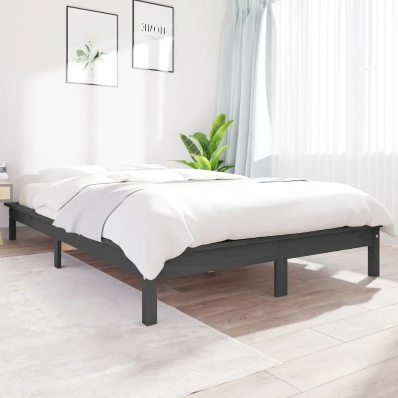 Image of Vidaxl Bed Frame Grey 200X200 Cm Solid Wood Pine, Grey 820563