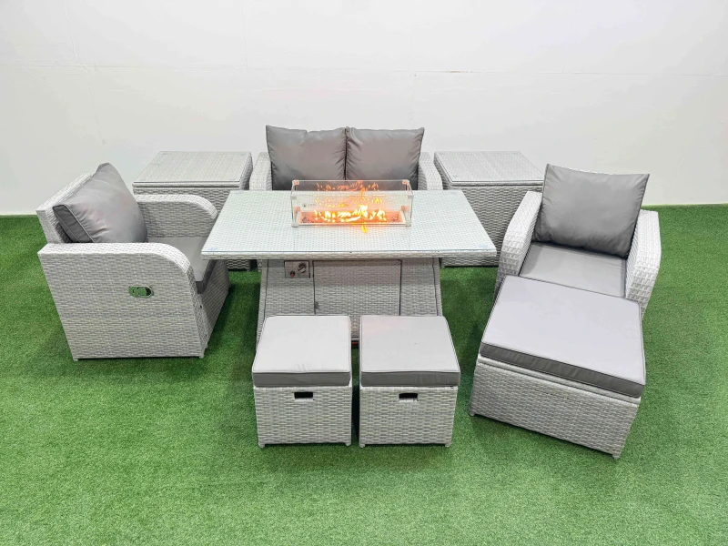 Image of Fimous Light Grey PE Wicker Rattan Garden Furniture Set Sofa Set Reclining Chair Firepit Dining Table 7 Seater 3 Stools 2 Side Table Light Grey