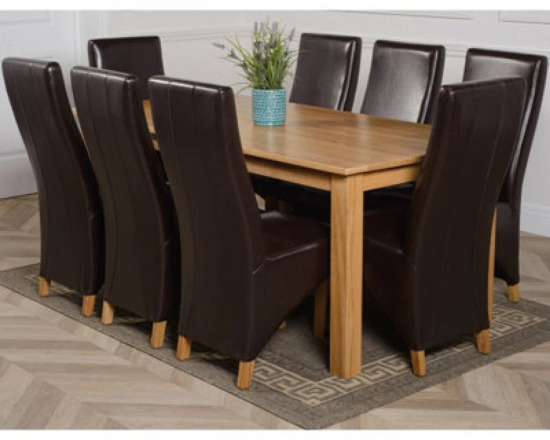 Image of Thats Furniture Oslo 180 x 90cm Large Oak Dining Table & 8 Lola Leather Chairs in Brown Brown Unisex 180 x 90 cm