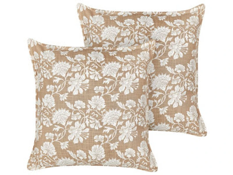 Image of Beliani Set Of 2 Decorative Cushions Notelea Cotton 45 X 45cm Beige Floral Pattern