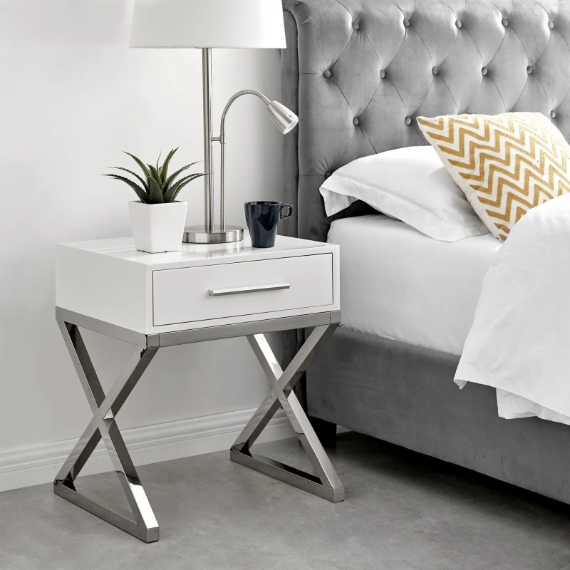 Image of FurnitureboxUK FurnitureboxUK Oxford White High Gloss Contemporary Bedside Table With Single Drawer and Silver Chrome Legs White One Size Unisex 50565