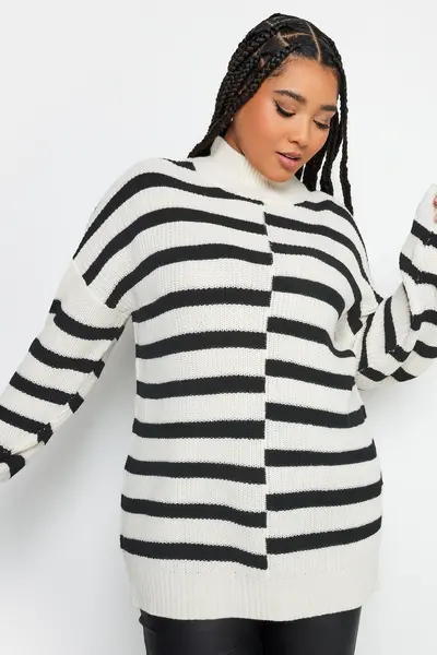 Image of Yours Contrast Stripe Turtle Neck Jumper White