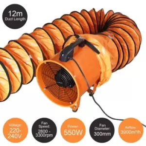 Image of Dust Extractor Ventilation Fan 300mm Portable 12m Duct Hose Workshop Fume Air Blower Industrial PVC Ducting Ventilator - Orange
