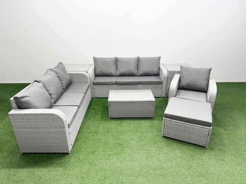 Image of Fimous 8 Seater Poly Rattan Outdoor Garden Furniture Sofa Set Patio 3 Seater Sofa Reclining Chair 3 Seater Sofa Big Footstool 2 Side Table Light Grey