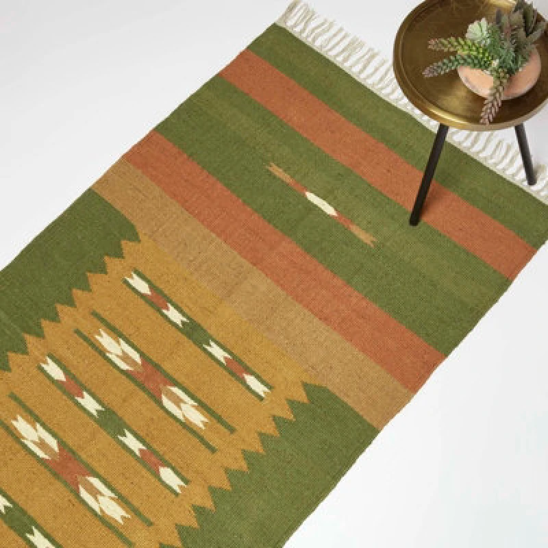 Image of Homescapes Lundi Orange & Green Kilim Runner Cotton & Jute Rug 66 X 200 Cm