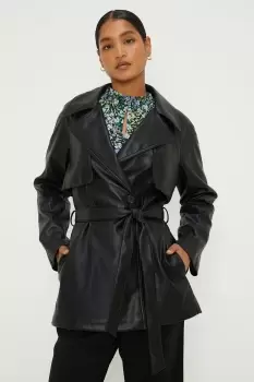 Image of Faux Leather Short Trench Coat