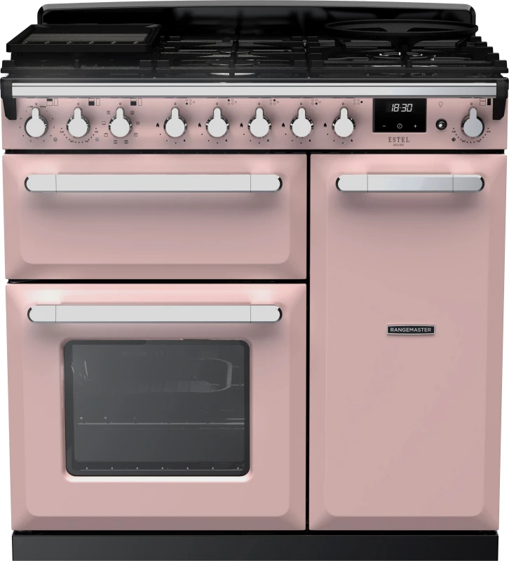 Image of Rangemaster Estel Deluxe ESDL90DFPPPK/CM1 90cm wide Dual Fuel Range Cooker with Gas Hob - Pale Pink / Chrome - A/A Rated