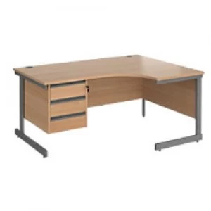 Image of Right Hand Ergonomic Desk with 3 Lockable Drawers Pedestal and Beech Coloured MFC Top with Graphite Frame Cantilever Legs Contract 25 1600 x 1200 x 72