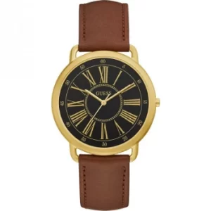 Image of GUESS Ladies gold watch with Black dial and brown leather strap.
