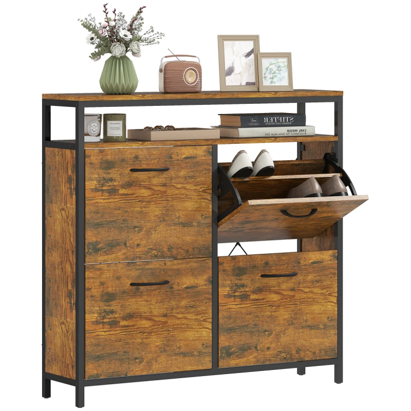 Image of HOMCOM HOMCOM Narrow Shoe Cabinet with 4 Flip Drawers and Open Shelf in Brown Brown One Size Unisex 5063603399938