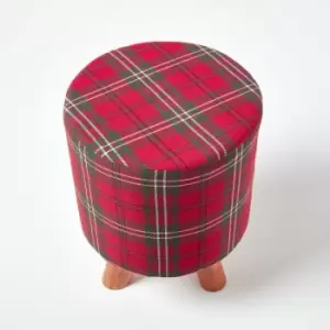 Image of Red Tartan Fabric Footstool with Wooden Legs - Red - Homescapes