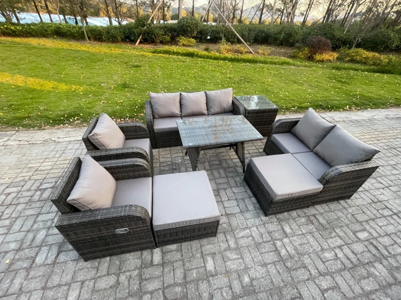 Image of Fimous Outdoor Rattan Garden Furniture Set 9 Seater Patio Lounge Sofa Set with Dining Table 2 Big Footstool Side Table Dark Grey