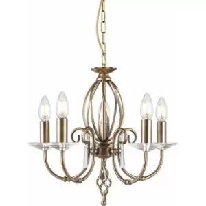 Image of 5 Bulb Chandelier Cut Glass Droplets Curved Stem Aged Brass LED E14 60W