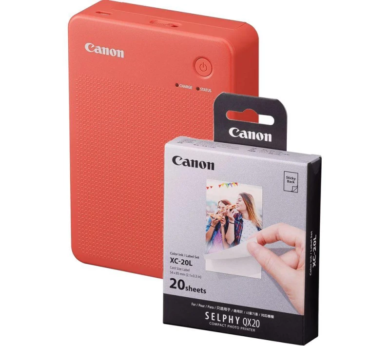 Image of Canon SELPHY QX20 Portable Colour Photo Wireless Printer & XC-20L 54 x 85mm Photo Paper & Ink Set - Terracotta Red, 20 Sheets, Red 5055189045651