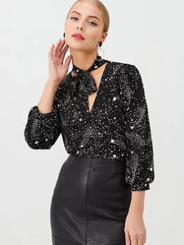 Image of Oasis Star Pussybow Top - Star Print, Mono, Size S, Women