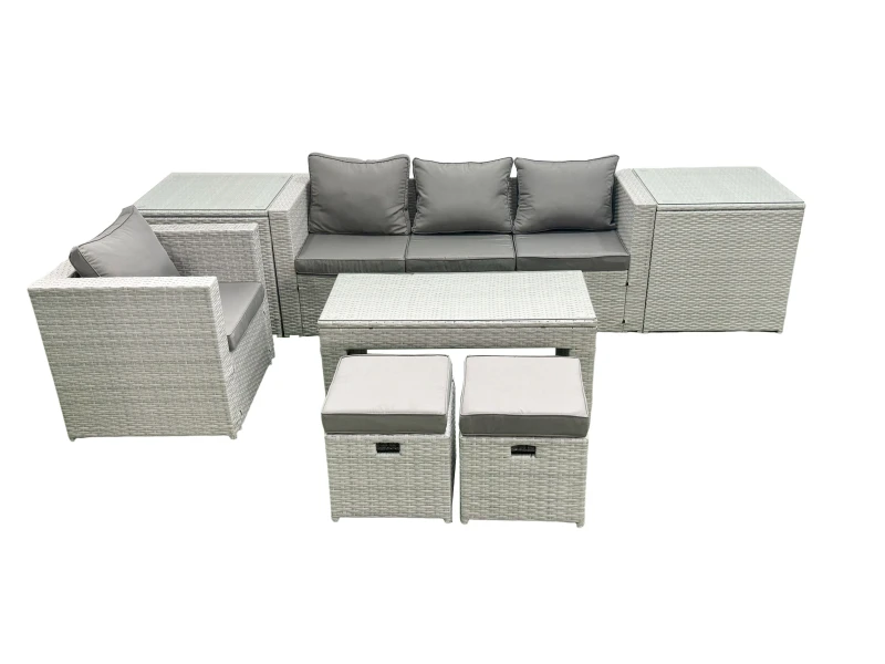 Image of Fimous Rattan Garden Furniture Set Outdoor Lounger Sofa with Coffee Table 2 Small Footstools 2 Side Tables Light Grey Mixed Light Grey