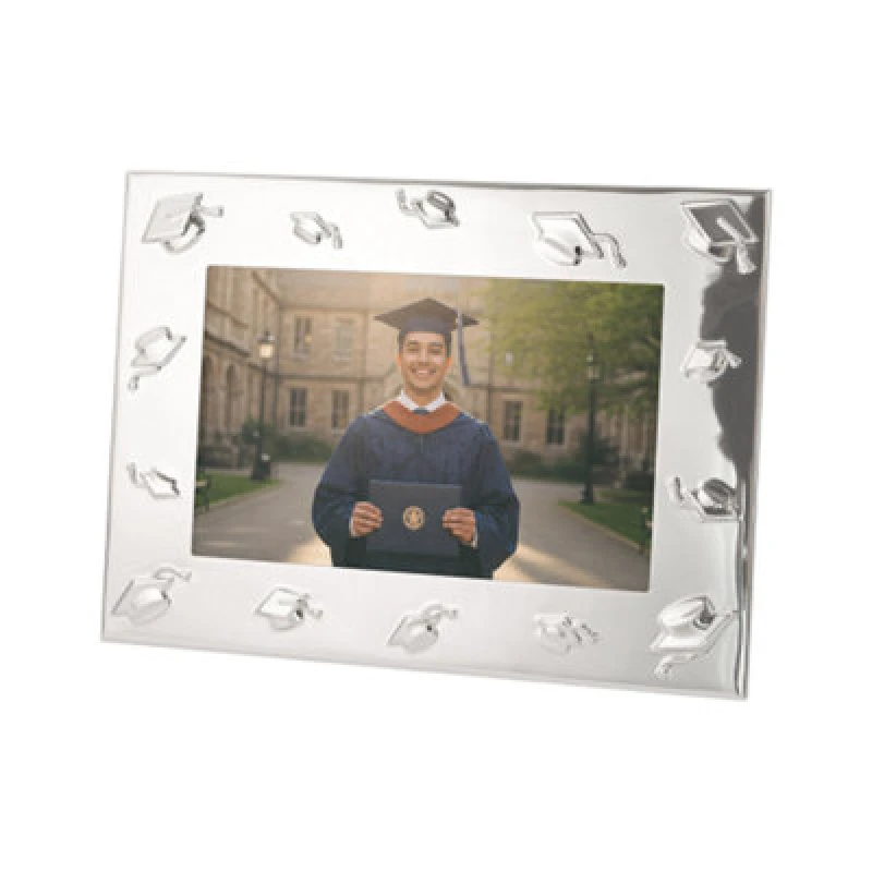 Image of Happy Homewares Graduation Metal 4X6 Picture Frame In Nickel Plated With 3D Hat Icons