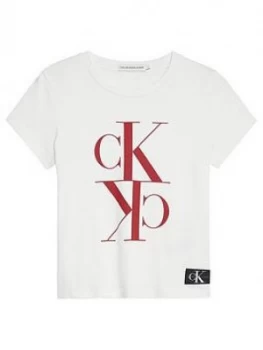 Image of Calvin Klein Jeans Girls Monogram Cropped Short Sleeve T-Shirt - White