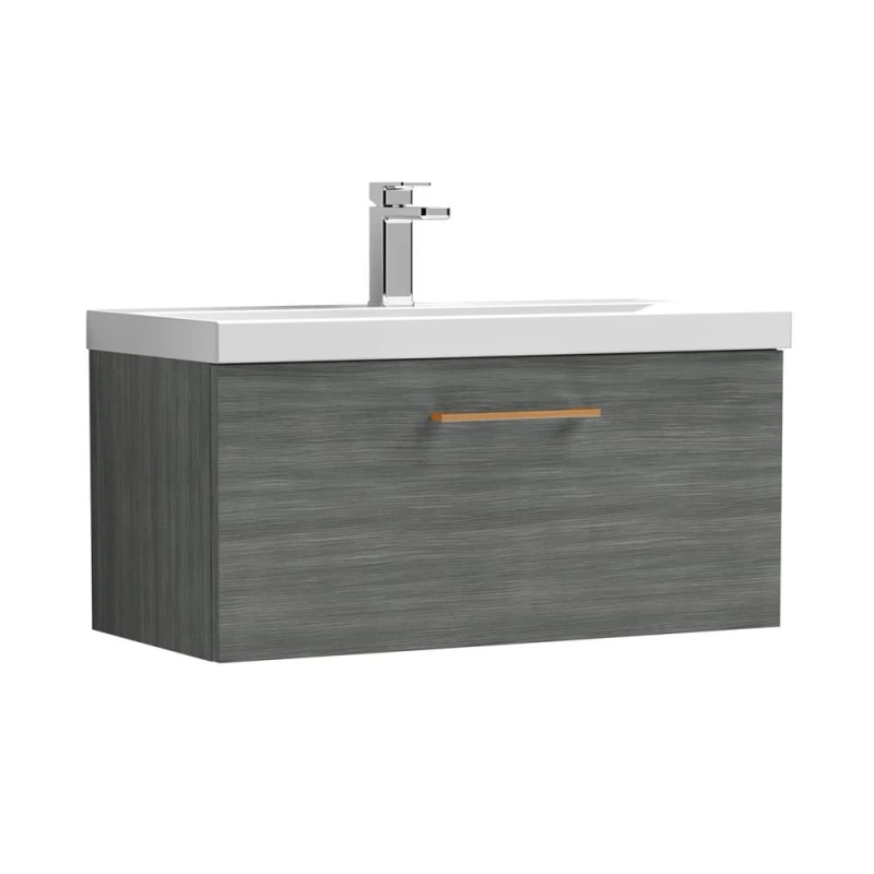 Image of Balterley 800mm Wall Hung 1 Drawer Vanity, Woodgrain Anthracite, Copper Handle in Grey Grey Unisex