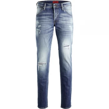 Image of Jack and Jones Ripped Washed Slim Jeans - Blue Denim