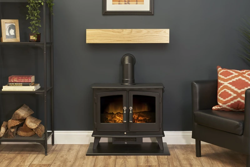Image of Adam Fires & Fireplaces Oak Beam, Hearth & Stove Pipe with Woodhouse Stove in Black Unisex