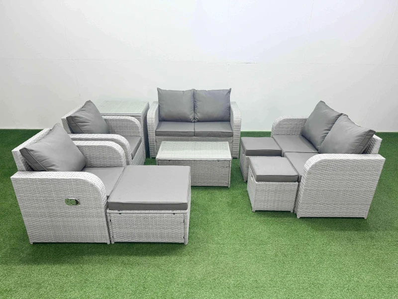 Image of Fimous 9 Seater Outdoor Reclining Chair Love Sofa Set Rattan Garden Furniture Set with Rectangular Coffee Table 3 Stools Side Table Light Grey Light G