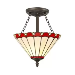 Image of 3 Light Semi Flush Ceiling E27 With 30cm Tiffany Shade, Red, Crystal, Aged Antique Brass - Luminosa Lighting