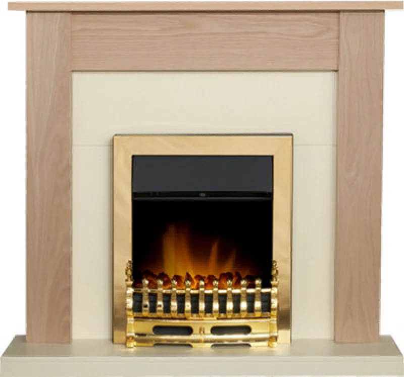 Image of Adam Fires & Fireplaces Southwold Fireplace in Oak & Cream with Blenheim Electric Fire in Brass, 43" Metallic Gold