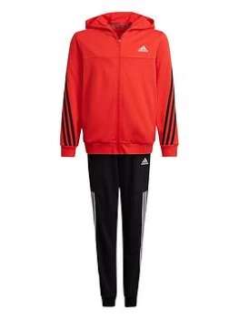 Image of Adidas Older Boys Cotton Hooded Tracksuit - Red/Black