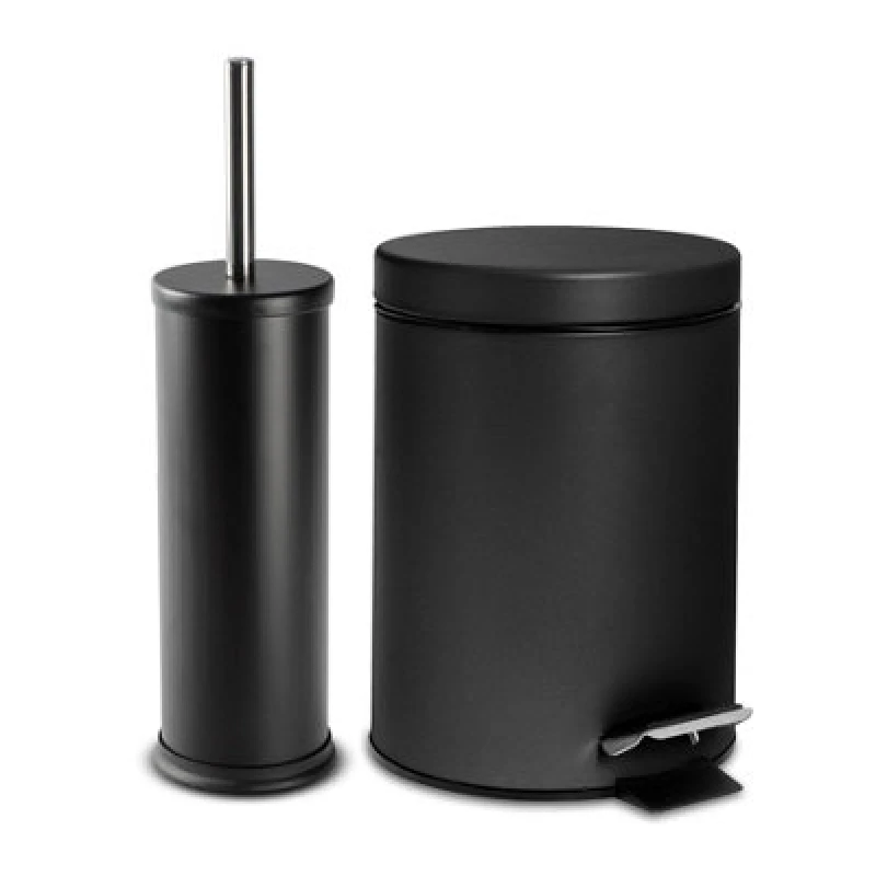 Image of Harbour Housewares Bathroom Bin & Toilet Brush Set - 3L - Matt Black - Round Stainless Steel Slim Trashcan Rubbish Bin & Brush