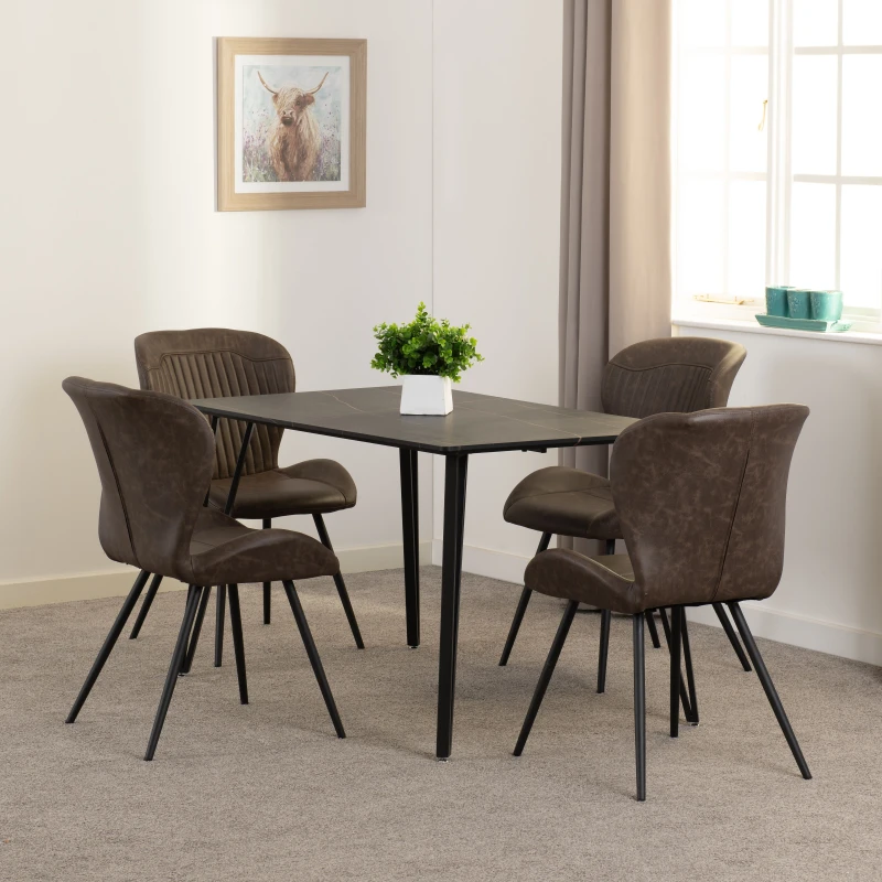 Image of Seconique Marlow & Quebec Dining Set (x4 Chairs) - Black Marble/Brown Pu, Black 400-401-335